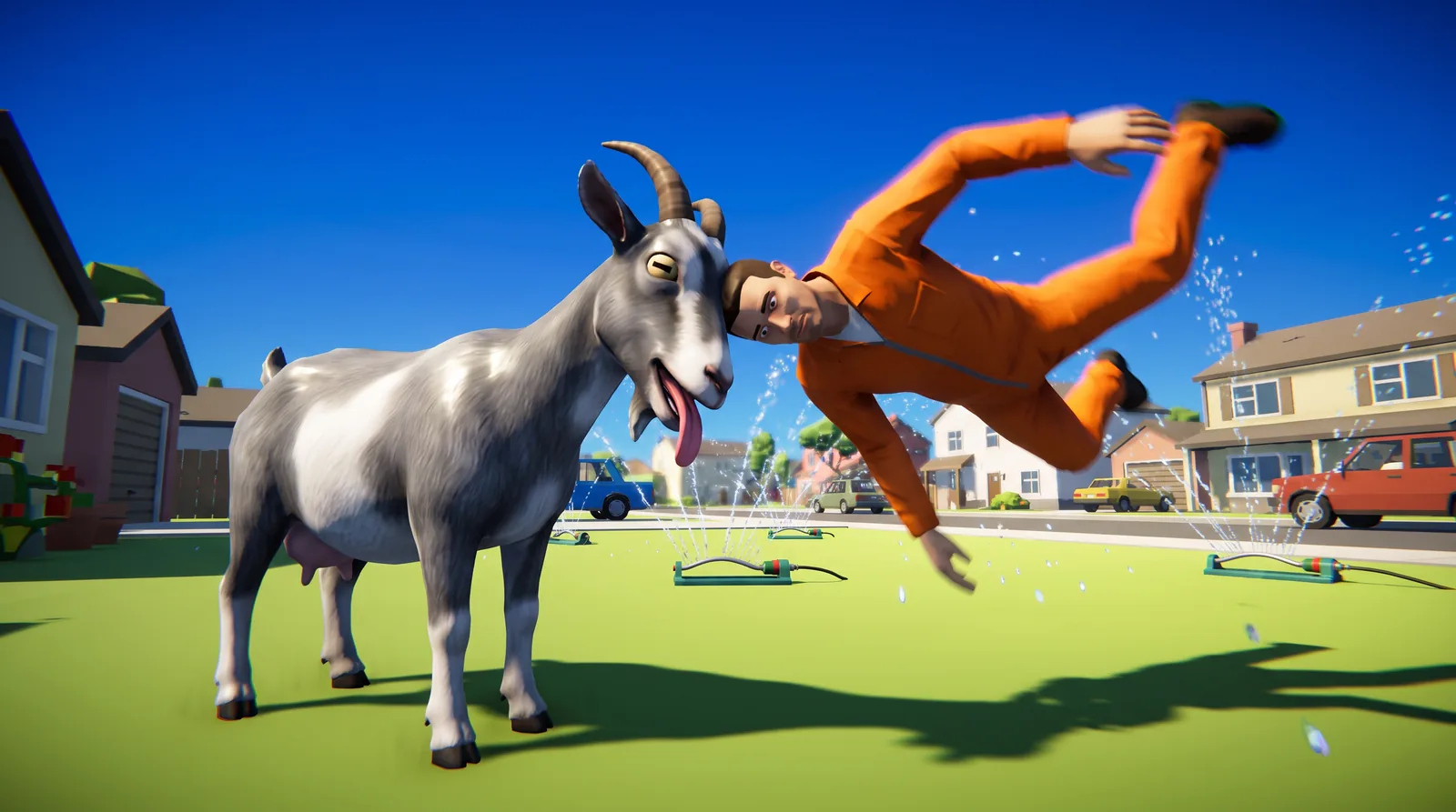 A goat headbutting a man who flies sideways across a lawn