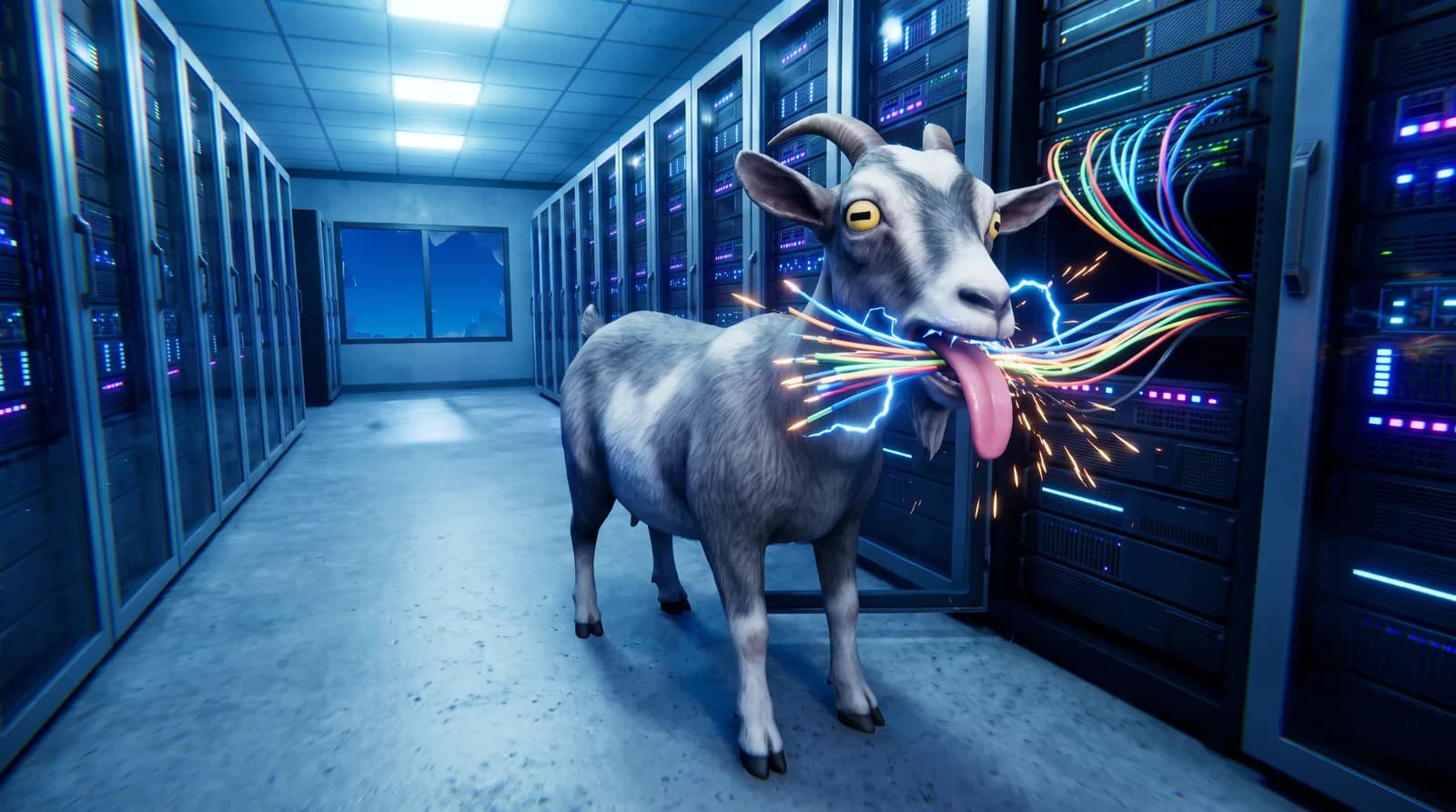 A goat chewing fibre-optic cable in a datacenter aisle