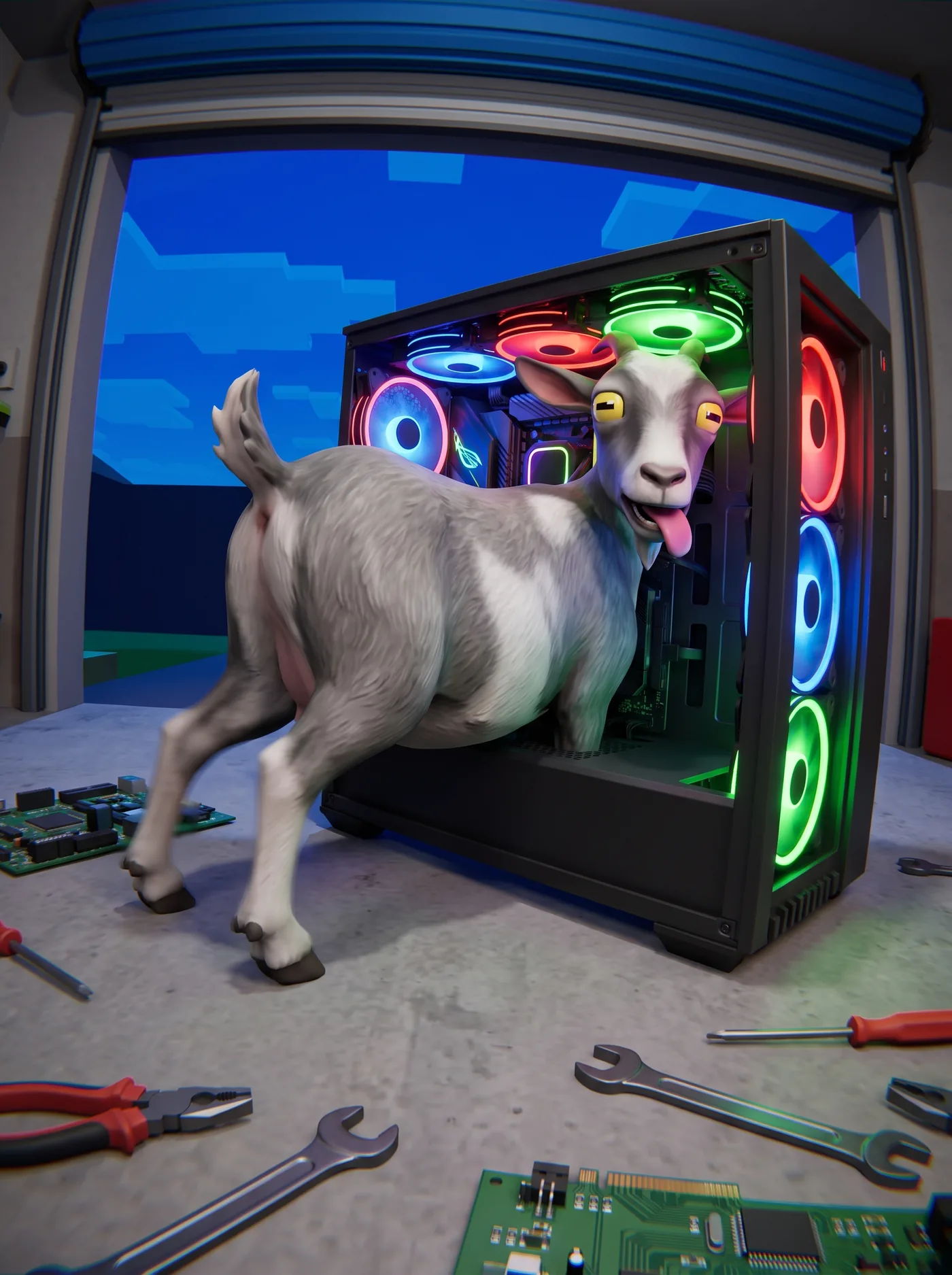 A goat wedged head-first inside an open PC case