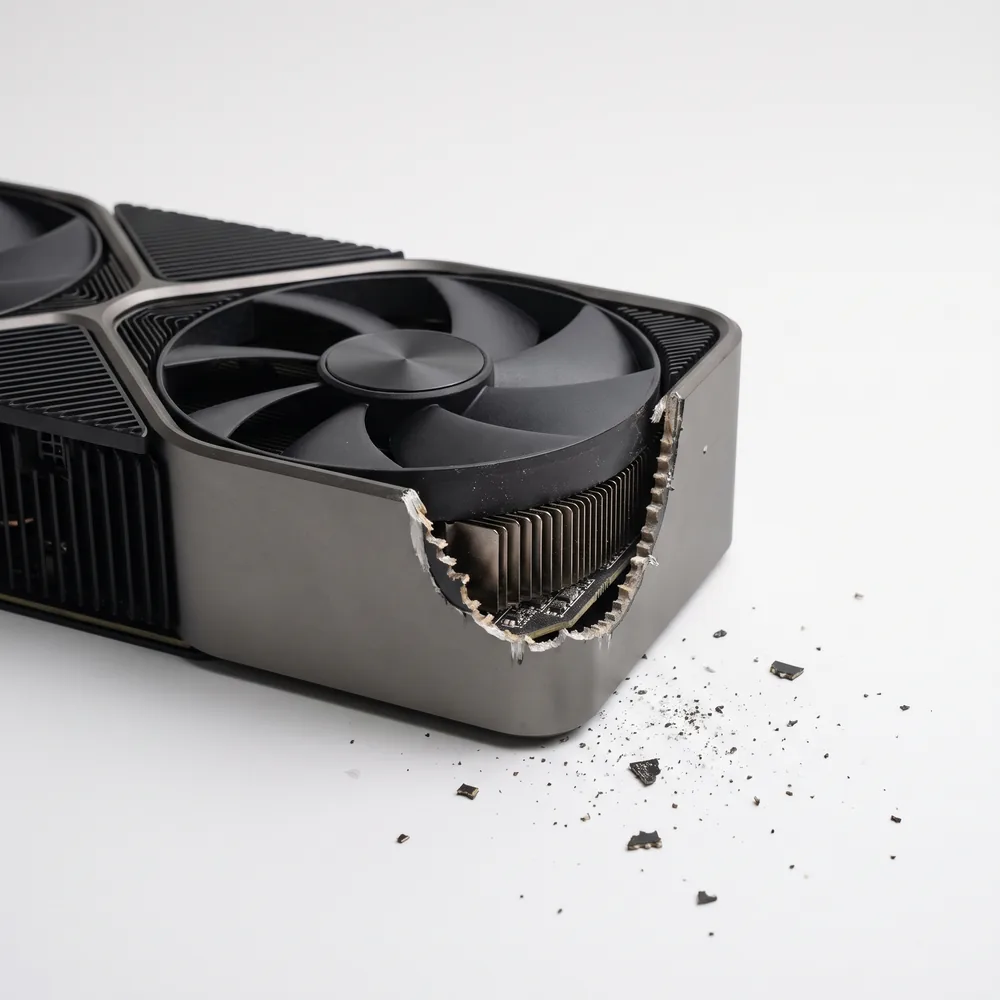 A graphics card with a large bite taken out of the corner